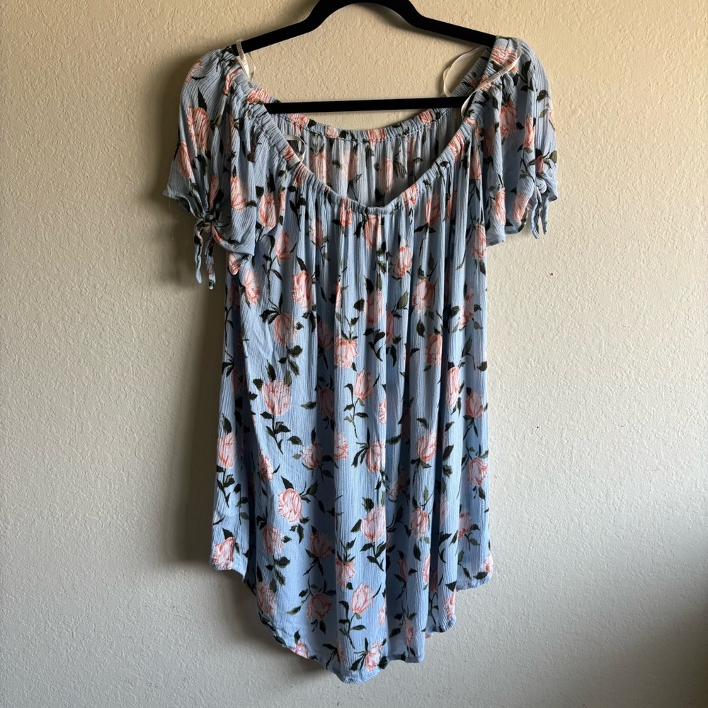 Baby Blue Flower Print Ruffled Blouse Women’s Medium Elastic Off Shoulder